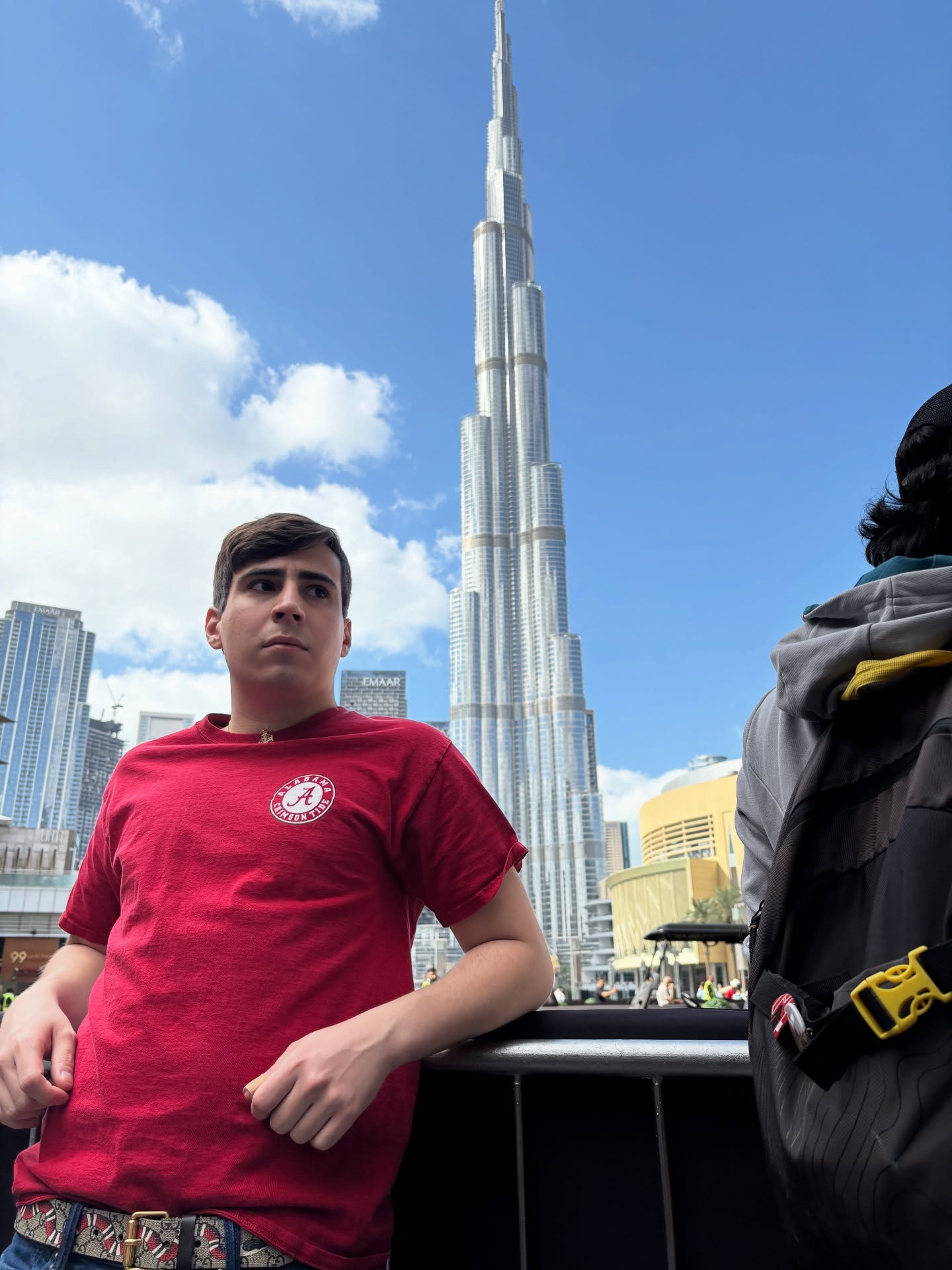 Saucy Justin in Dubai with the Burj Khalifa skyline